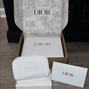 DIOR White Embossed Logo Cosmetic Pouch with silver zipper